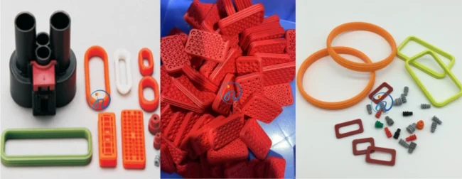 Various automotive parts made from LSR including engine gaskets, electrical connectors, and coolant hoses